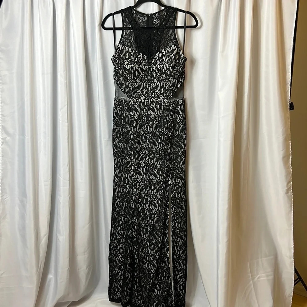 Sequin Hearts Dress Formal Black Lace Sheer Sides Size 15 Juniors Prom Long NWT